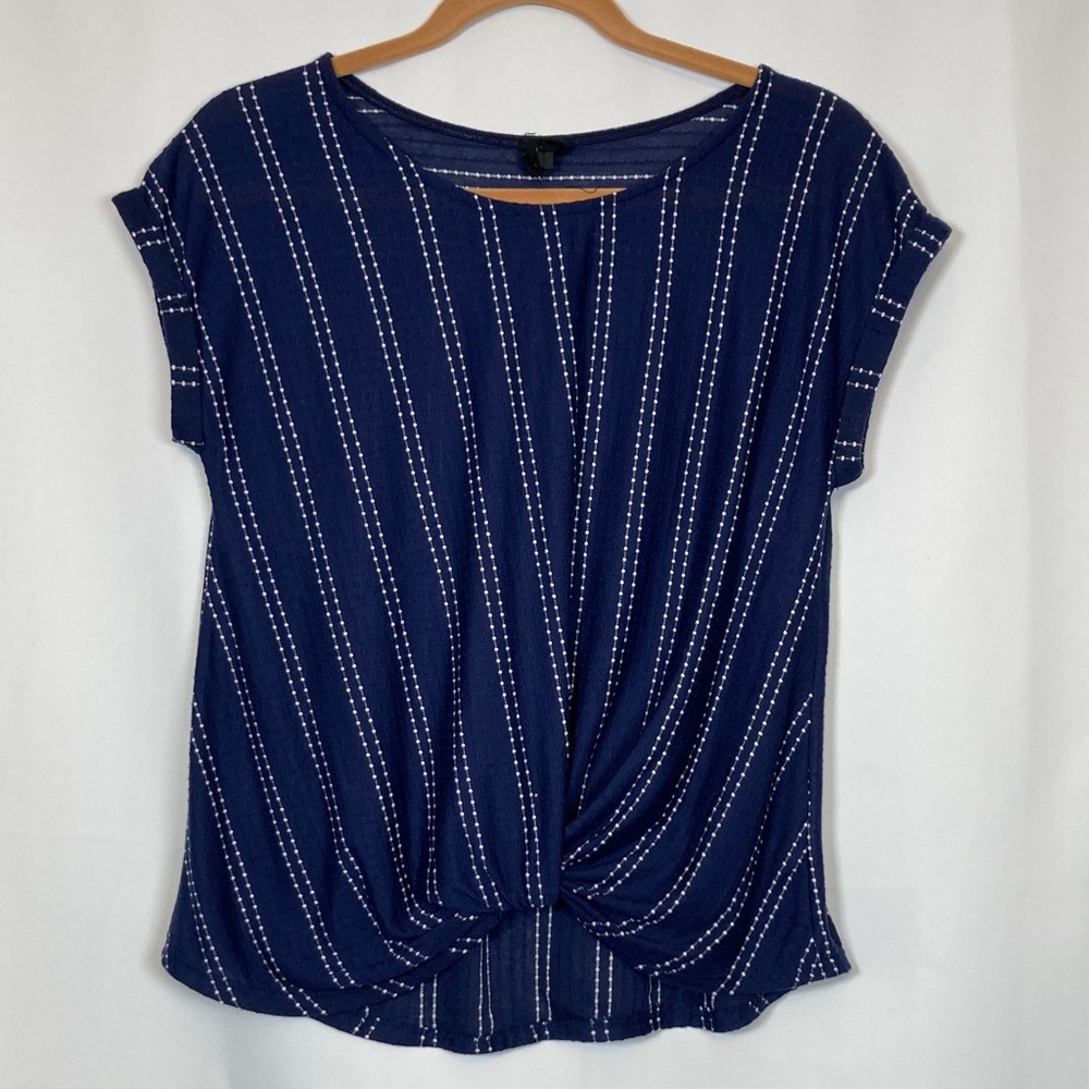 W5 Anthropologie Navy & White Striped Tie-Front Cap Sleeve Top Sz S Soft Casual